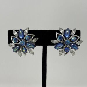 Vintage Coro Blue Aurora Borealis Rhinestone Flower Clip-On Screw back Earrings